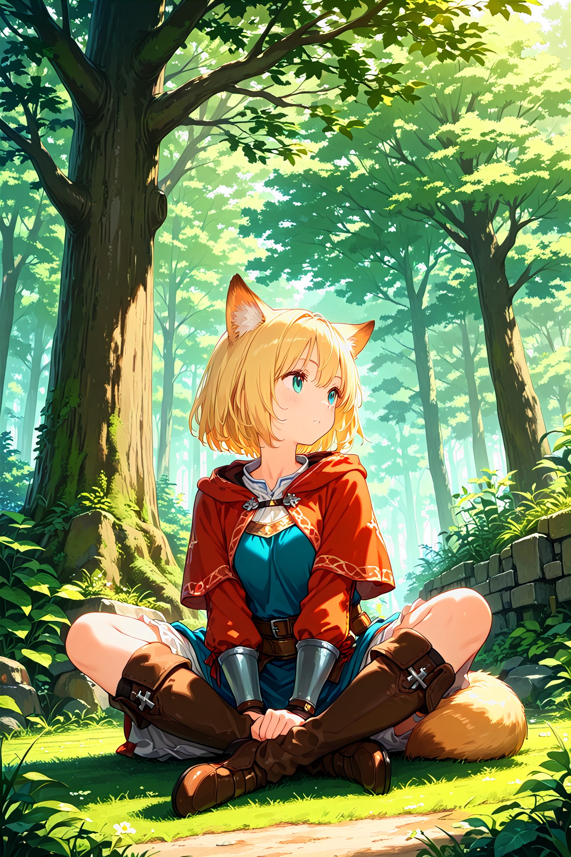 00067-1519951265-masterpiece,best quality,_1girl,fantasy,adventurer,blonde short hair,animal ears,sitting,looking away,cross-legged,sit on the gr.jpg
